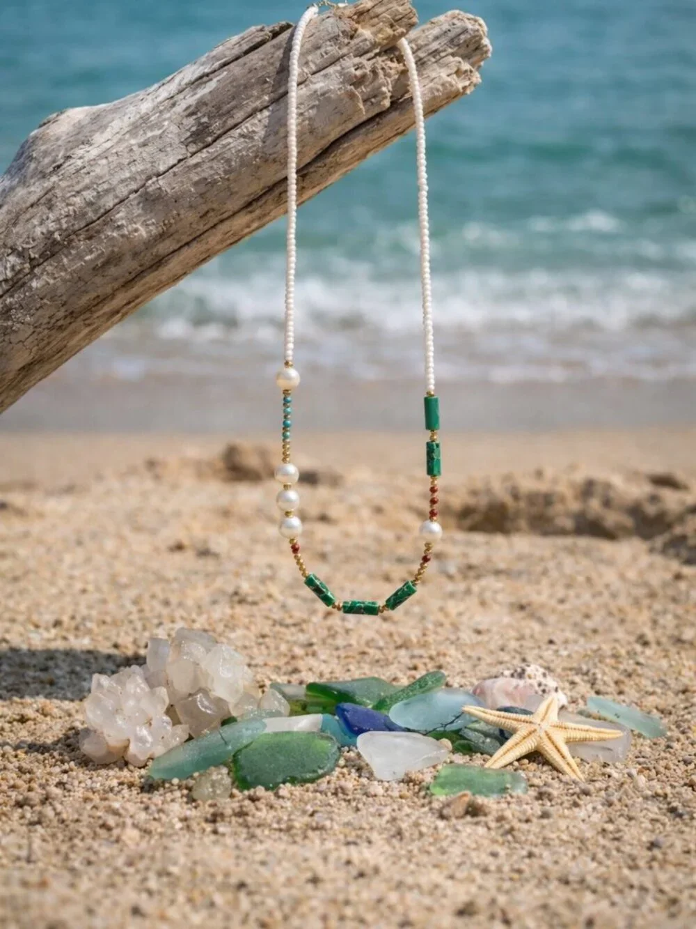 Handmade Boho Green Agate Faux Pearl White Seed Bead Choker Necklace Gold Tone